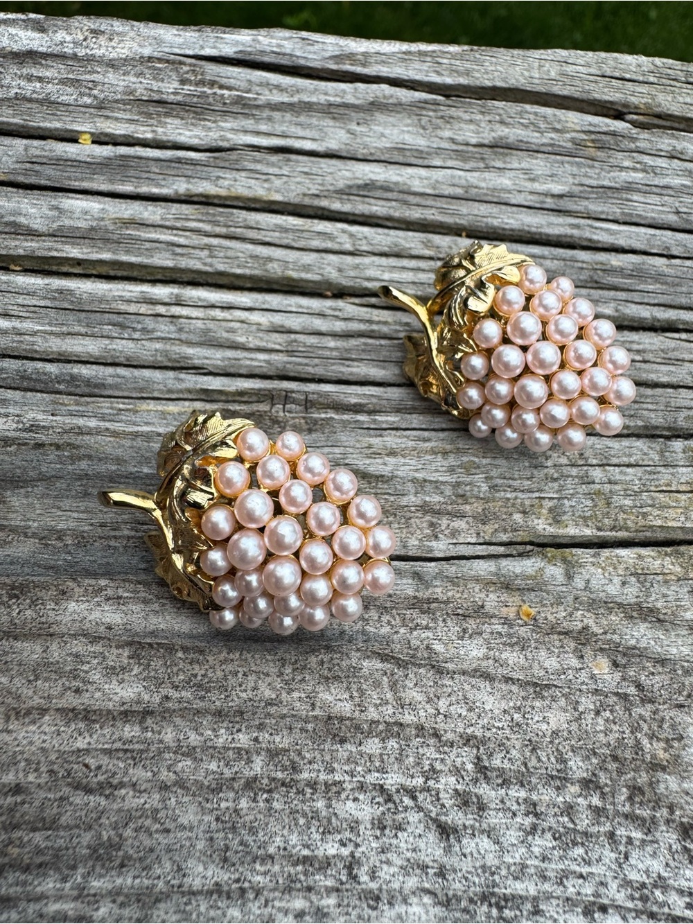 Vintage Gold Tone and Light Pink Glass Pearl Grape Cluster Clip On Earrings